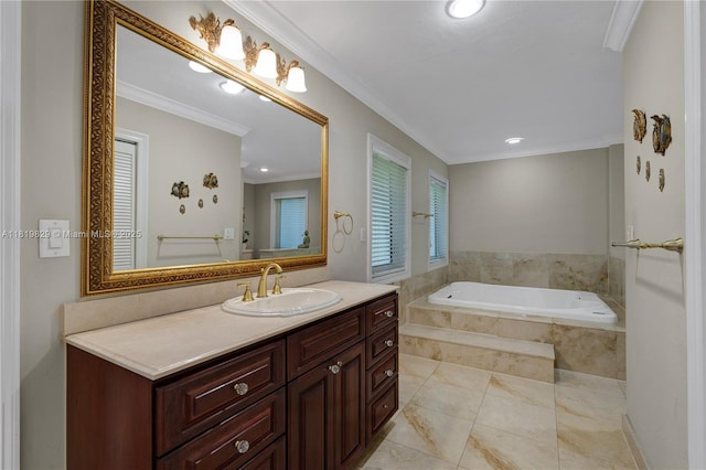 1270 Mariola Ct, Coral Gables, FL 33134 - bathroom featuring vanity, a bath, crown molding, and recessed lighting