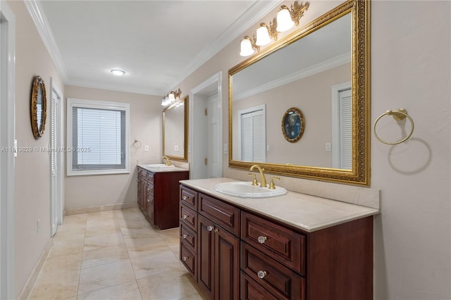 1270 Mariola Ct, Coral Gables, FL 33134 - bathroom featuring two vanities, crown molding, and baseboards