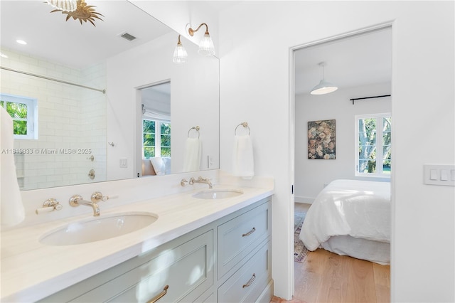 ensuite bathroom with double vanity, healthy amount of natural light, wood finished floors, and a tile shower