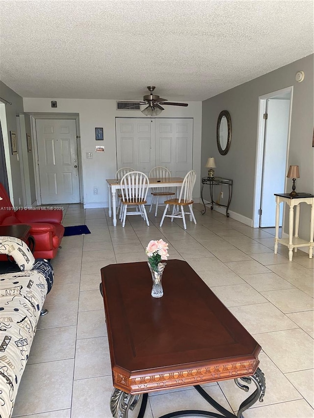 9301 SW 92nd Ave Unit A320, Miami, FL 33176 - living room with a ceiling fan, light tile patterned floors, a textured ceiling, and baseboards