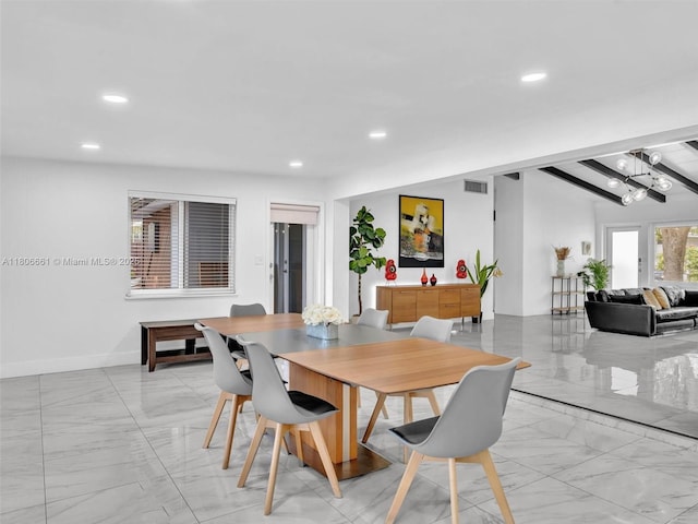 2454 W Nassau Ln, Fort Lauderdale, FL 33312 - dining area featuring light marble finish floors, recessed lighting, a chandelier, and lofted ceiling
