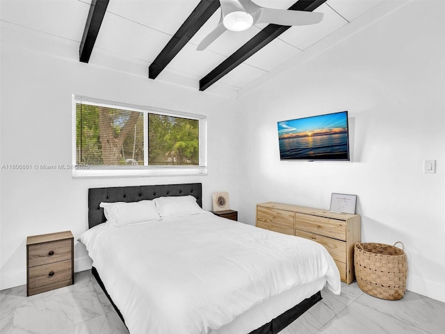 2454 W Nassau Ln, Fort Lauderdale, FL 33312 - bedroom with marble look tiles, beam ceiling, a ceiling fan, and attic access