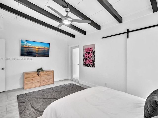 2454 W Nassau Ln, Fort Lauderdale, FL 33312 - bedroom featuring a barn door, marble finish flooring, beamed ceiling, and a ceiling fan