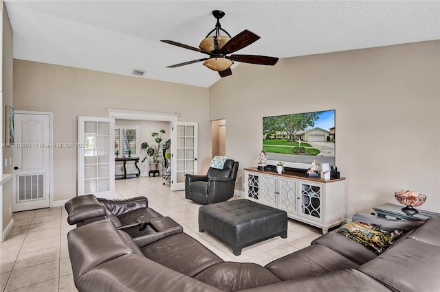 411 NW 201st Ave, Pembroke Pines, FL 33029 - tiled living room featuring french doors, a ceiling fan, and high vaulted ceiling