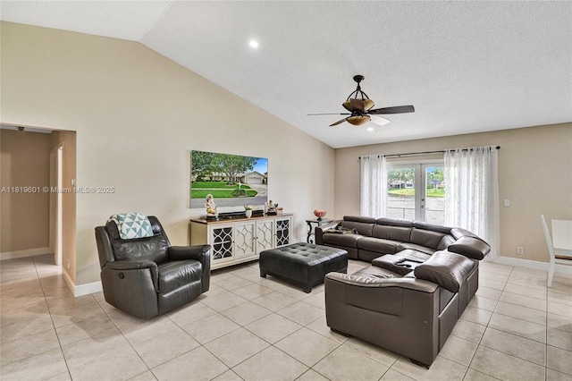 411 NW 201st Ave, Pembroke Pines, FL 33029 - living room with ceiling fan, light tile patterned floors, and high vaulted ceiling