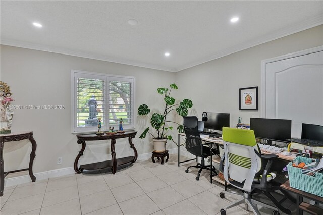 411 NW 201st Ave, Pembroke Pines, FL 33029 - home office with recessed lighting, crown molding, and light tile patterned flooring