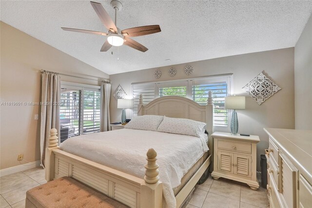 411 NW 201st Ave, Pembroke Pines, FL 33029 - bedroom with light tile patterned floors, multiple windows, a textured ceiling, vaulted ceiling, and ceiling fan