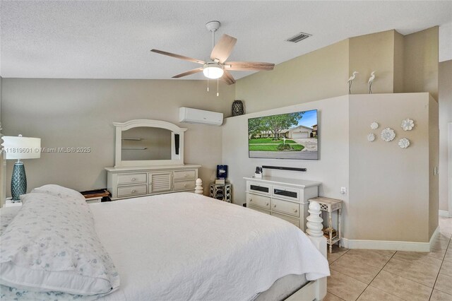 411 NW 201st Ave, Pembroke Pines, FL 33029 - bedroom with a wall mounted air conditioner, a textured ceiling, light tile patterned floors, ceiling fan, and vaulted ceiling