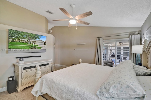 411 NW 201st Ave, Pembroke Pines, FL 33029 - bedroom with lofted ceiling, light tile patterned flooring, a ceiling fan, and a textured ceiling