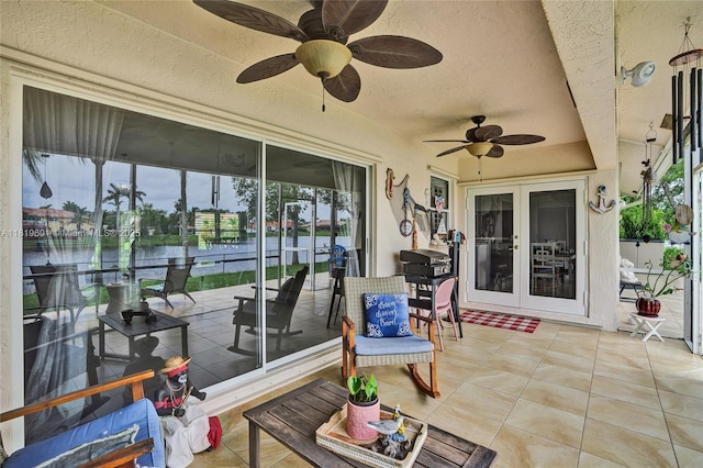 411 NW 201st Ave, Pembroke Pines, FL 33029 - view of patio / terrace with a water view, area for grilling, french doors, and ceiling fan
