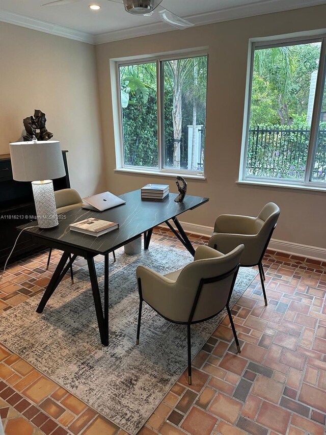 659 NE 73rd St, Miami, FL 33138 - office area with ornamental molding, brick flooring, and recessed lighting