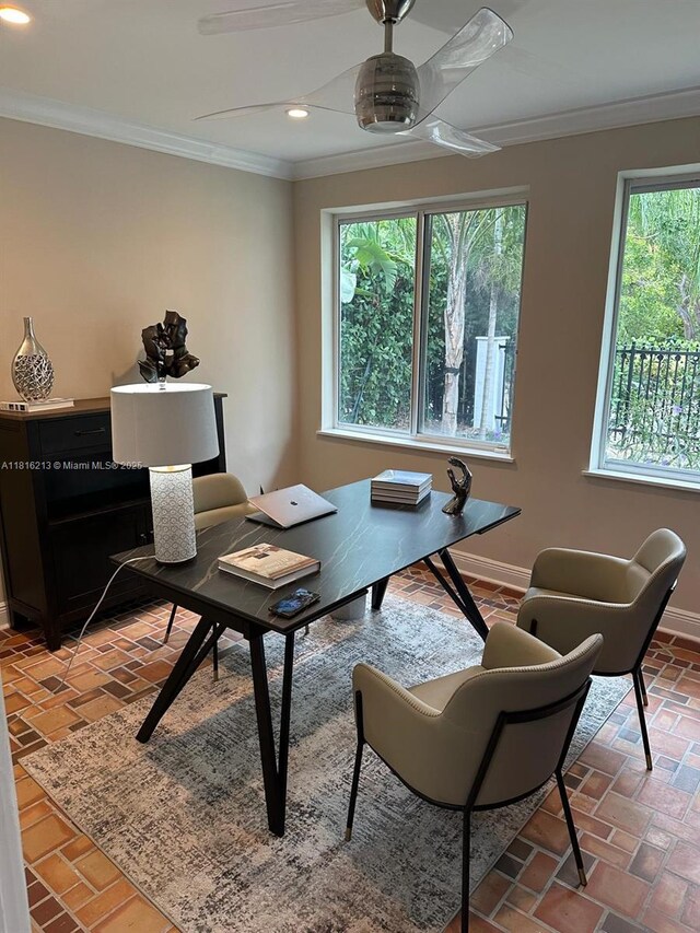 659 NE 73rd St, Miami, FL 33138 - office featuring plenty of natural light, crown molding, brick floors, recessed lighting, and ceiling fan