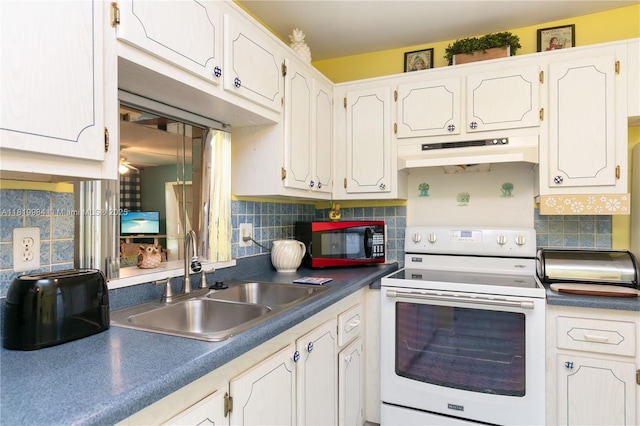 1001 NE 14th Ave Unit 107, Hallandale Beach, FL 33009 - kitchen with white electric range, under cabinet range hood, a sink, and tasteful backsplash