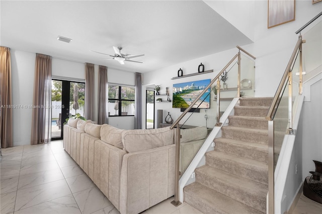 17540 SW 46th St, Miramar, FL 33029 - living area featuring stairs, light marble finish flooring, and ceiling fan