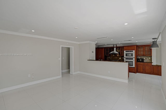 164 Granada Ave, Weston, FL 33326 - unfurnished living room featuring ornamental molding, recessed lighting, light tile patterned floors, and a wood stove