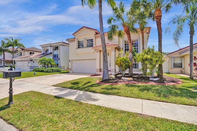 164 Granada Ave, Weston, FL 33326 - mediterranean / spanish-style house featuring driveway, a garage, stucco siding, and a front yard