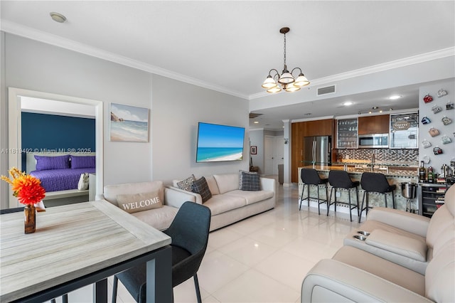 1945 S Ocean Dr Unit 2209, Hallandale Beach, FL 33009 - living room with ornamental molding, a chandelier, light tile patterned floors, and recessed lighting