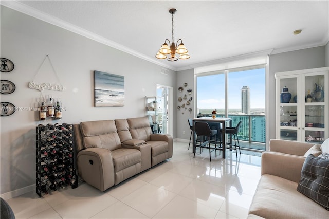 1945 S Ocean Dr Unit 2209, Hallandale Beach, FL 33009 - living room with a chandelier, ornamental molding, light tile patterned floors, and a wall of windows