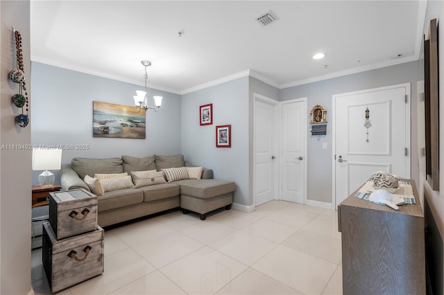 1945 S Ocean Dr Unit 2209, Hallandale Beach, FL 33009 - living area featuring ornamental molding, a chandelier, light tile patterned flooring, and recessed lighting