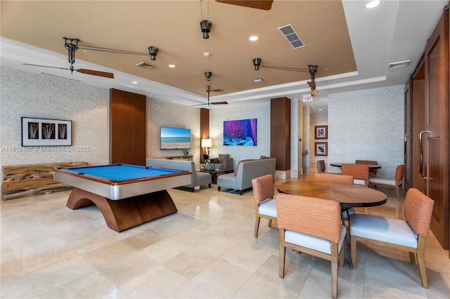 1945 S Ocean Dr Unit 2209, Hallandale Beach, FL 33009 - playroom featuring a raised ceiling, billiards table, and ceiling fan