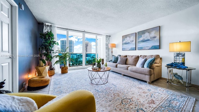 6770 Indian Creek Dr Unit 7B, Miami Beach, FL 33141 - living area with expansive windows and a textured ceiling