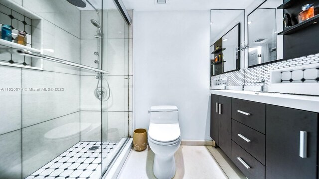 6770 Indian Creek Dr Unit 7B, Miami Beach, FL 33141 - full bathroom featuring a shower stall, decorative backsplash, and vanity