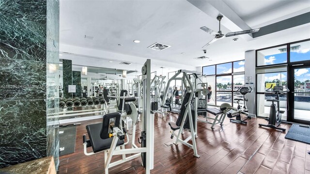 6770 Indian Creek Dr Unit 7B, Miami Beach, FL 33141 - exercise room featuring ceiling fan, wood finished floors, and recessed lighting