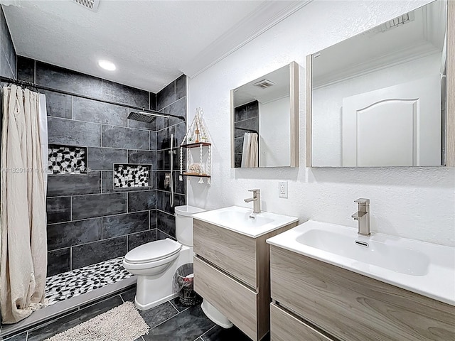 3506 SW 171st Ave, Miramar, FL 33027 - full bath featuring ornamental molding, two vanities, a textured ceiling, a tile shower, and a textured wall