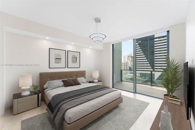 88 SW 7th St Unit 712, Miami, FL 33130 - bedroom featuring access to outside, expansive windows, a chandelier, tile patterned flooring, and recessed lighting