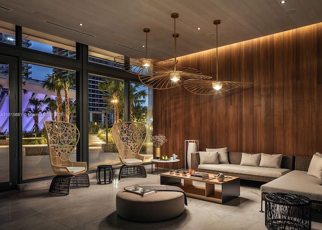88 SW 7th St Unit 712, Miami, FL 33130 - interior space featuring a towering ceiling, wooden ceiling, wooden walls, and expansive windows