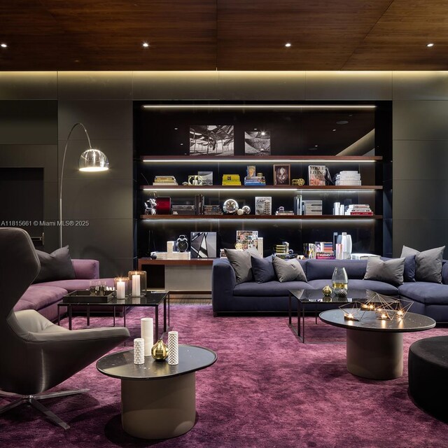 88 SW 7th St Unit 712, Miami, FL 33130 - home theater room featuring wooden ceiling and carpet flooring
