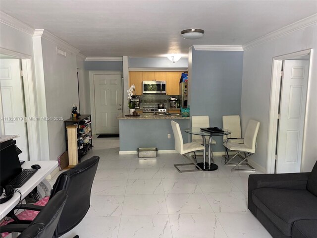 1900 Van Buren St Unit 209B, Hollywood, FL 33020 - living area featuring light marble finish floors and ornamental molding