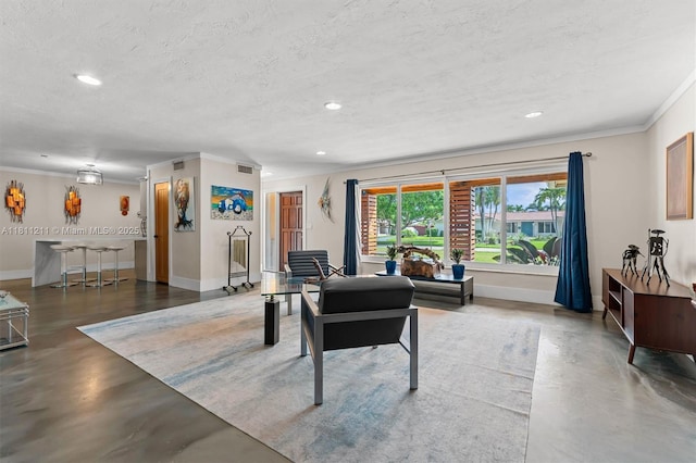 901 W Tropical Way, Plantation, FL 33317 - living area with finished concrete floors, recessed lighting, ornamental molding, and a textured ceiling