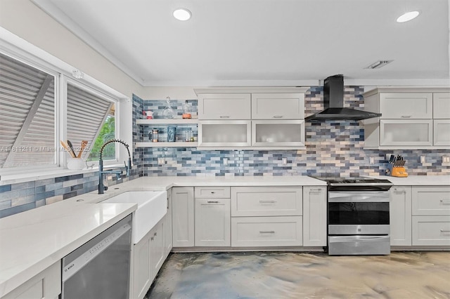 901 W Tropical Way, Plantation, FL 33317 - kitchen featuring wall chimney range hood, appliances with stainless steel finishes, backsplash, open shelves, and recessed lighting
