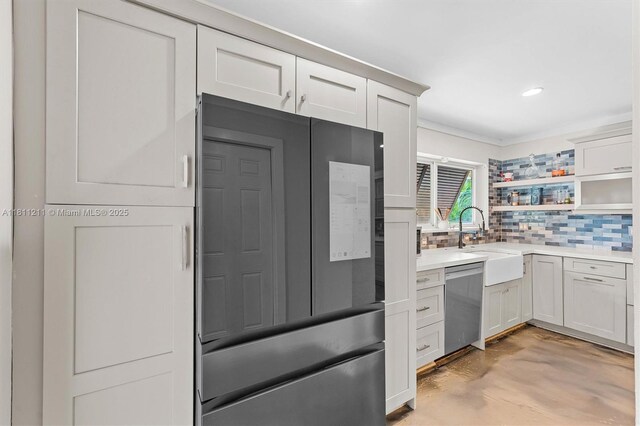901 W Tropical Way, Plantation, FL 33317 - kitchen with fridge, stainless steel dishwasher, finished concrete flooring, tasteful backsplash, and open shelves