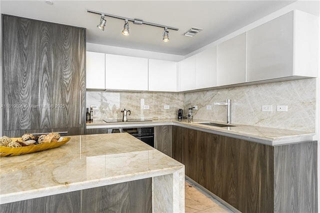 3131 NE 7th Ave Unit 1901, Miami, FL 33137 - kitchen with black electric stovetop, modern cabinets, white cabinetry, decorative backsplash, and light stone countertops