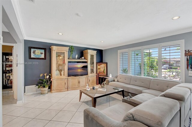 11520 NW 23rd St, Pembroke Pines, FL 33026 - living room featuring light tile patterned flooring, recessed lighting, and ornamental molding