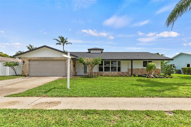 1365 SW 14th St, Boca Raton, FL 33486 - view of front of home featuring stone siding, driveway, an attached garage, a front yard, and stucco siding