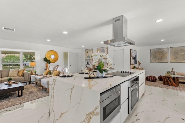 1365 SW 14th St, Boca Raton, FL 33486 - kitchen with ventilation hood, stainless steel appliances, light marble finish flooring, recessed lighting, and open floor plan