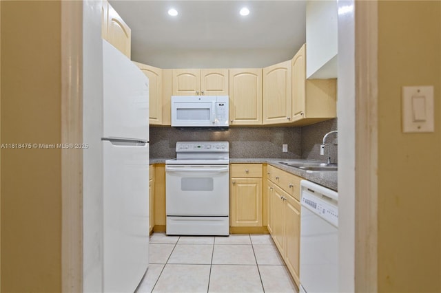3685 SW 26th St, Miami, FL 33133 - kitchen featuring white appliances, light brown cabinetry, light tile patterned flooring, decorative backsplash, and recessed lighting