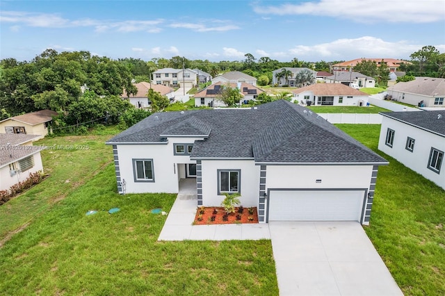 3512 2nd St W, Lehigh Acres, FL 33971 - modern home featuring a garage, stucco siding, a shingled roof, a residential view, and driveway