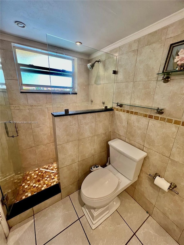 1540 NE 191st St Unit 140, Miami, FL 33179 - full bath with a tile shower, ornamental molding, tile walls, and tile patterned floors