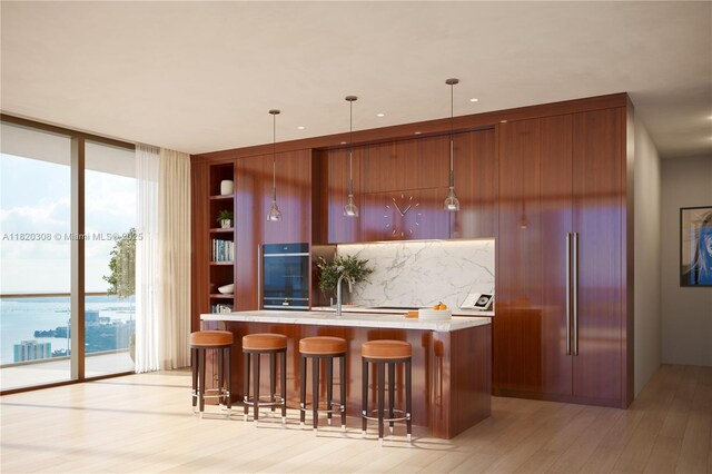 1420 S Miami Ave Unit 5304, Miami, FL 33130 - bar with wall oven, light wood finished floors, tasteful backsplash, pendant lighting, and floor to ceiling windows