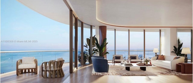 1420 S Miami Ave Unit 5304, Miami, FL 33130 - living area featuring floor to ceiling windows, a water view, wood finished floors, and plenty of natural light