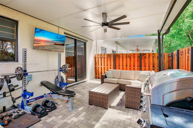 18410 NW 91st Ct, Hialeah, FL 33018 - view of patio featuring grilling area, ceiling fan, and an outdoor hangout area