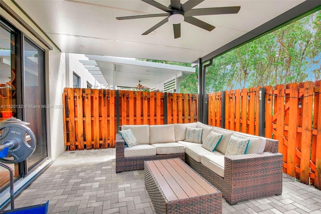 18410 NW 91st Ct, Hialeah, FL 33018 - fenced backyard with ceiling fan, an outdoor living space, and a patio area