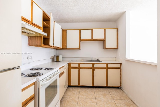 14850 Naranja Lakes Blvd Unit B1B, Homestead, FL 33032 - kitchen with under cabinet range hood, white appliances, light countertops, open shelves, and light tile patterned flooring