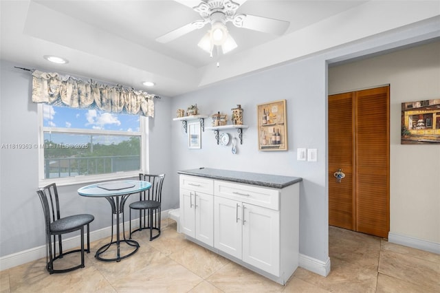 7608 NW 18th St Unit 405, Margate, FL 33063 - kitchen featuring white cabinets, a ceiling fan, recessed lighting, light tile patterned floors, and open shelves