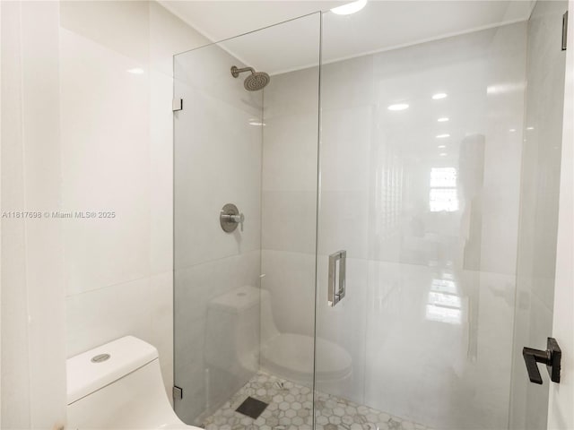 5701 Collins Ave Unit 307, Miami Beach, FL 33140 - bathroom with a shower stall, tile walls, and tile patterned flooring