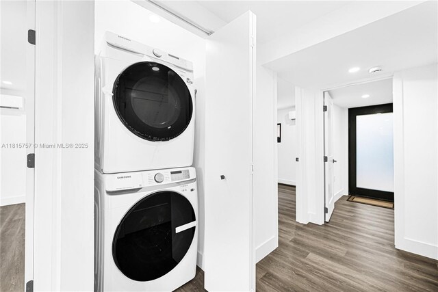 1805 SW 4th St, Miami, FL 33135 - washroom with stacked washer / drying machine, wood finished floors, and recessed lighting